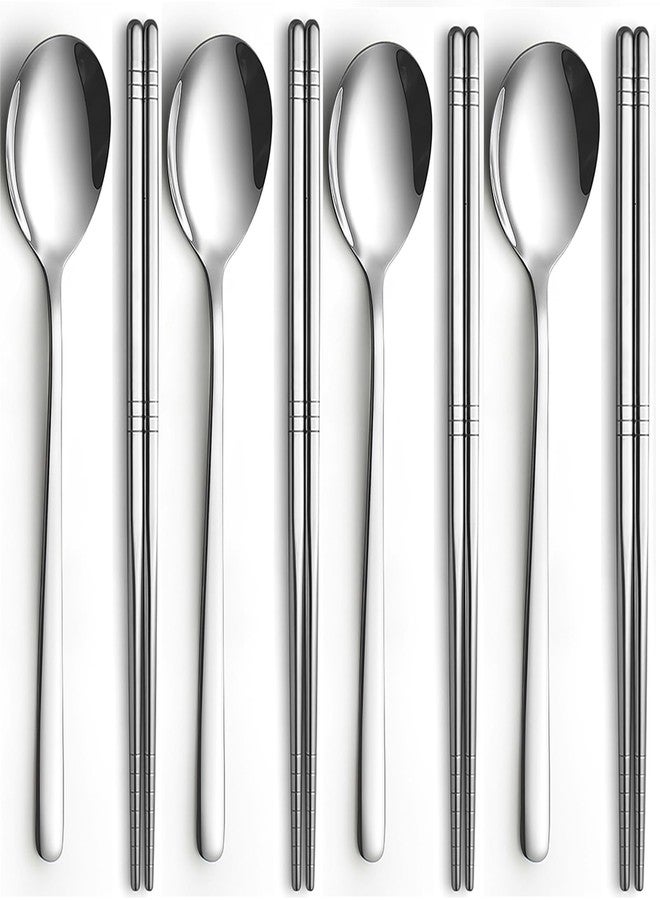 Tiokin 4 Set Korean Chopsticks and Spoons, Stainless Steel Metal Set, Reusable Flat Long Handle Set for Home, Kitchen or Restaurant - Image 1