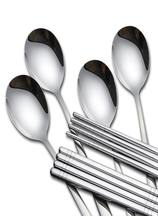 Tiokin 4 Set Korean Chopsticks and Spoons, Stainless Steel Metal Set, Reusable Flat Long Handle Set for Home, Kitchen or Restaurant - Image 4