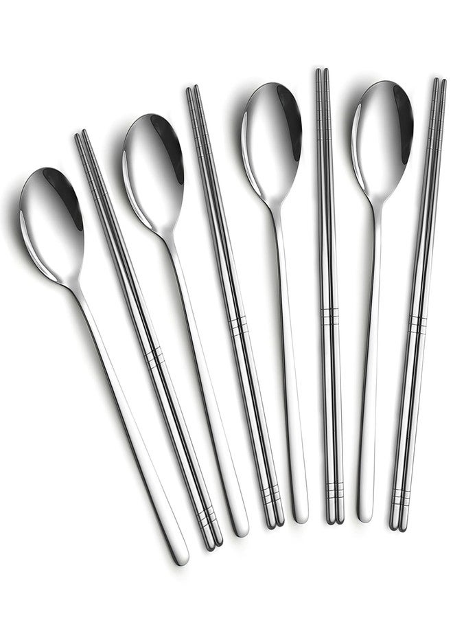 Tiokin 4 Set Korean Chopsticks and Spoons, Stainless Steel Metal Set, Reusable Flat Long Handle Set for Home, Kitchen or Restaurant - Image 3