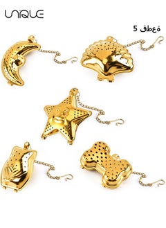 Unique 5 Styles Loose Leaf Tea Infusers, Gold Stainless Steel Tea Strainer, Reusable Tea Ball with Chain Hook, Fine Holes Tea Filters for Tea Steeper (5 styles)  - Image 1