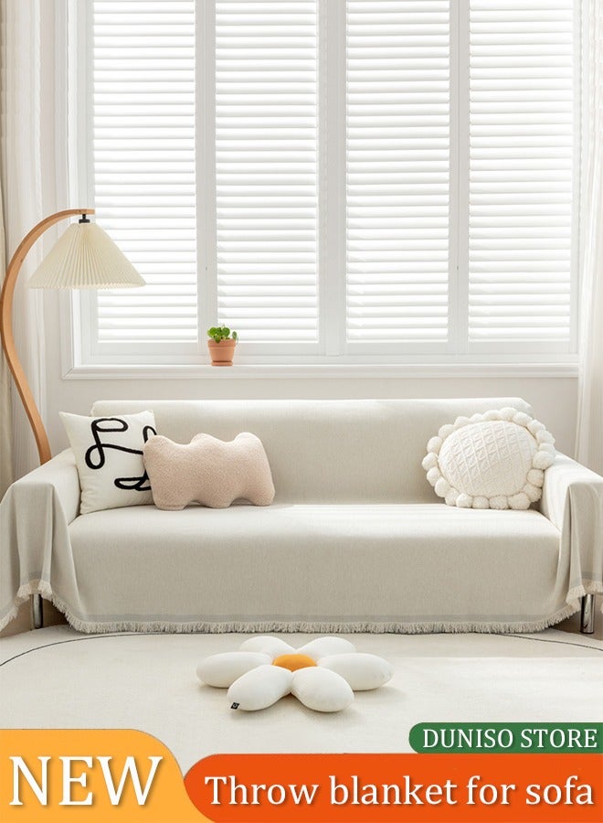 DUNISO Sofa cover, Chenille tassels sofa blanket, fully wrapped furniture protective cover, dust proof and anti slip, double sided usable, suitable for 2 pad sofa, 180 * 230cm, beige  - Image 1