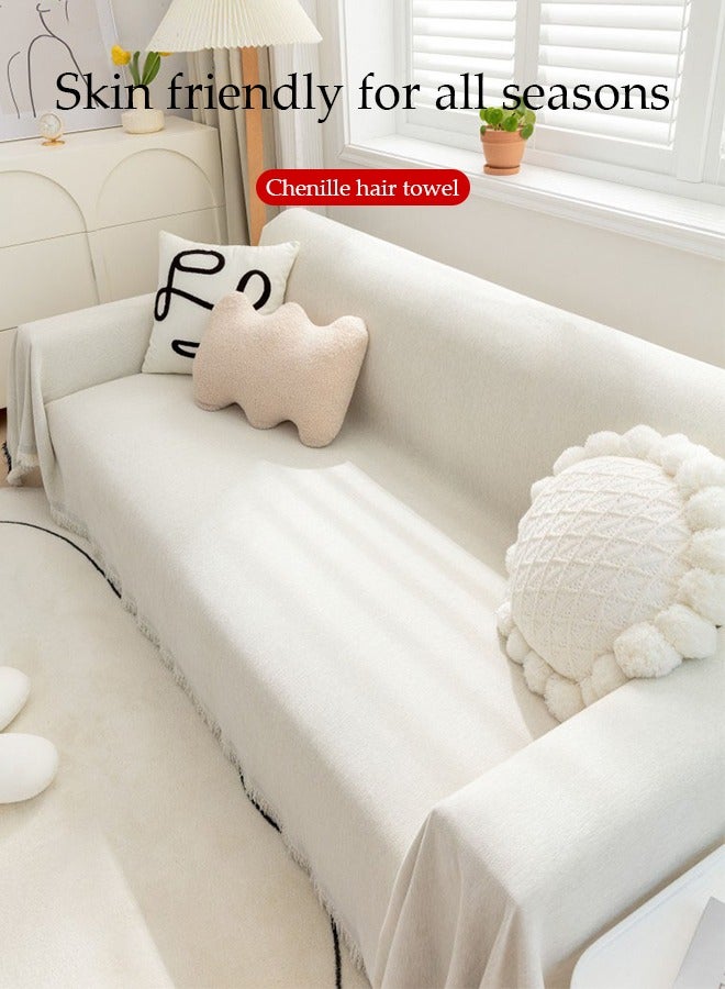 DUNISO Sofa cover, Chenille tassels sofa blanket, fully wrapped furniture protective cover, dust proof and anti slip, double sided usable, suitable for 2 pad sofa, 180 * 230cm, beige  - Image 3