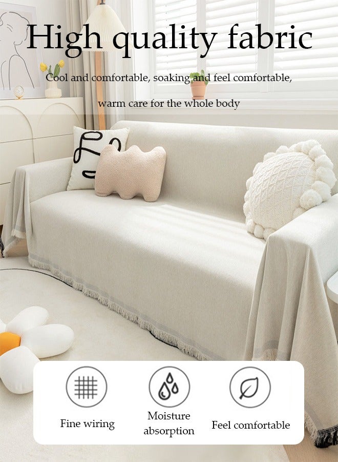 DUNISO Sofa cover, Chenille tassels sofa blanket, fully wrapped furniture protective cover, dust proof and anti slip, double sided usable, suitable for 2 pad sofa, 180 * 230cm, beige  - Image 5