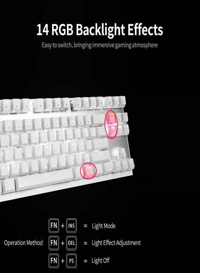 موتوسبيد لوحة مفاتيح MOTOSPEED CK82 الميكانيكية للألعاب، 87 مفتاحًا، بإضاءة RGB، مزودة بمفاتيح OUTMU الحمراء ومفاتيح الوسائط المتعددة وتقنية N-key Rollover باللون الأبيض. - Image 3