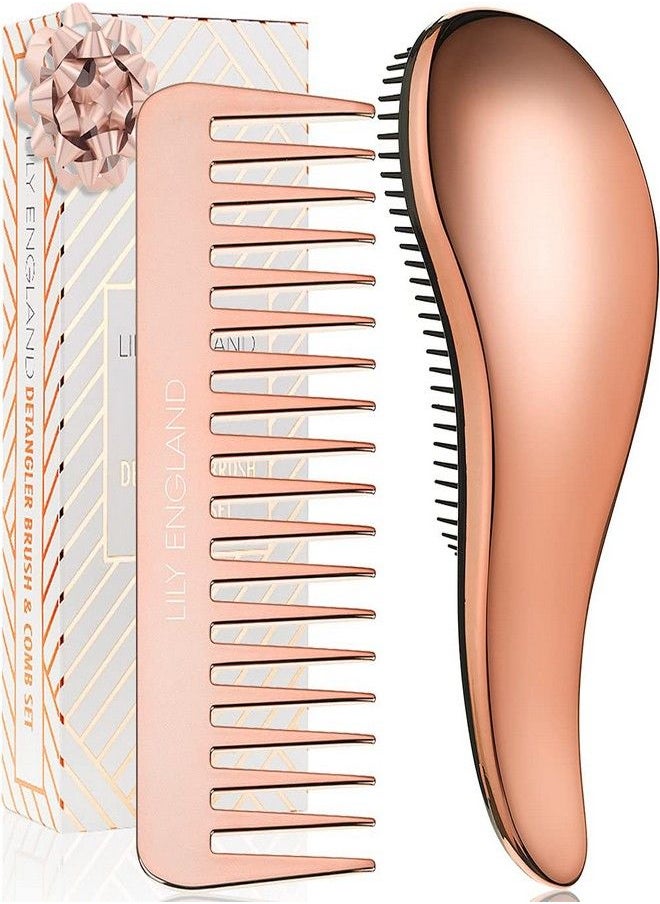 SET WET Detangling Hairbrush and Comb Set - Detangler Brush for Wet, Dry, Curly, Women & Kids Hair with Wide Tooth Comb by Lily England (Rose Gold)  - Image 1