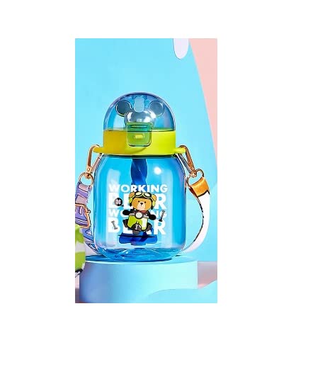 TEMSON School Sipper Water Bottle for Kids – Tritan Water Bottle with Straw and Adjustable Strap for Kids, Cute Cartoon Themed Water Bottle for Boys and Girls (600 ML) (Blue)(ABL-1035) - Image 1