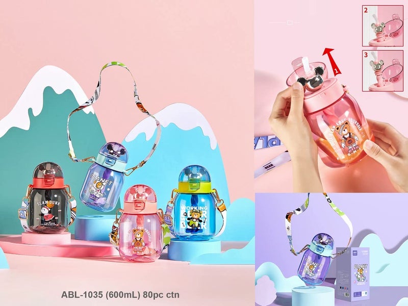 TEMSON School Sipper Water Bottle for Kids – Tritan Water Bottle with Straw and Adjustable Strap for Kids, Cute Cartoon Themed Water Bottle for Boys and Girls (600 ML) (Blue)(ABL-1035) - Image 4