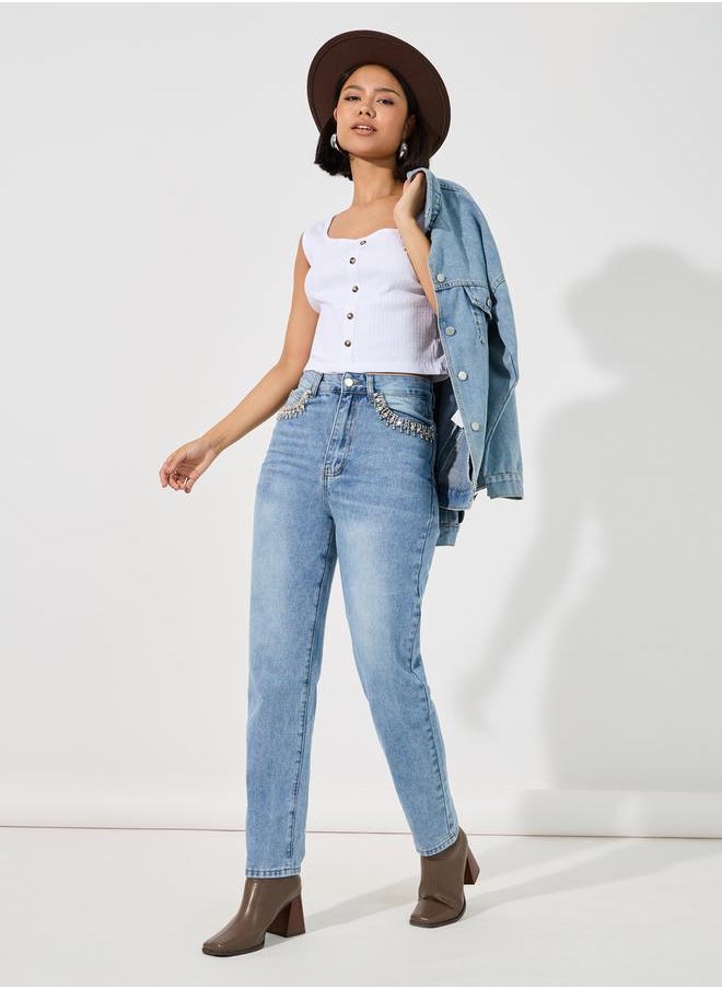 Styli - Square Neck Knit Top with Broad Straps - Image 1