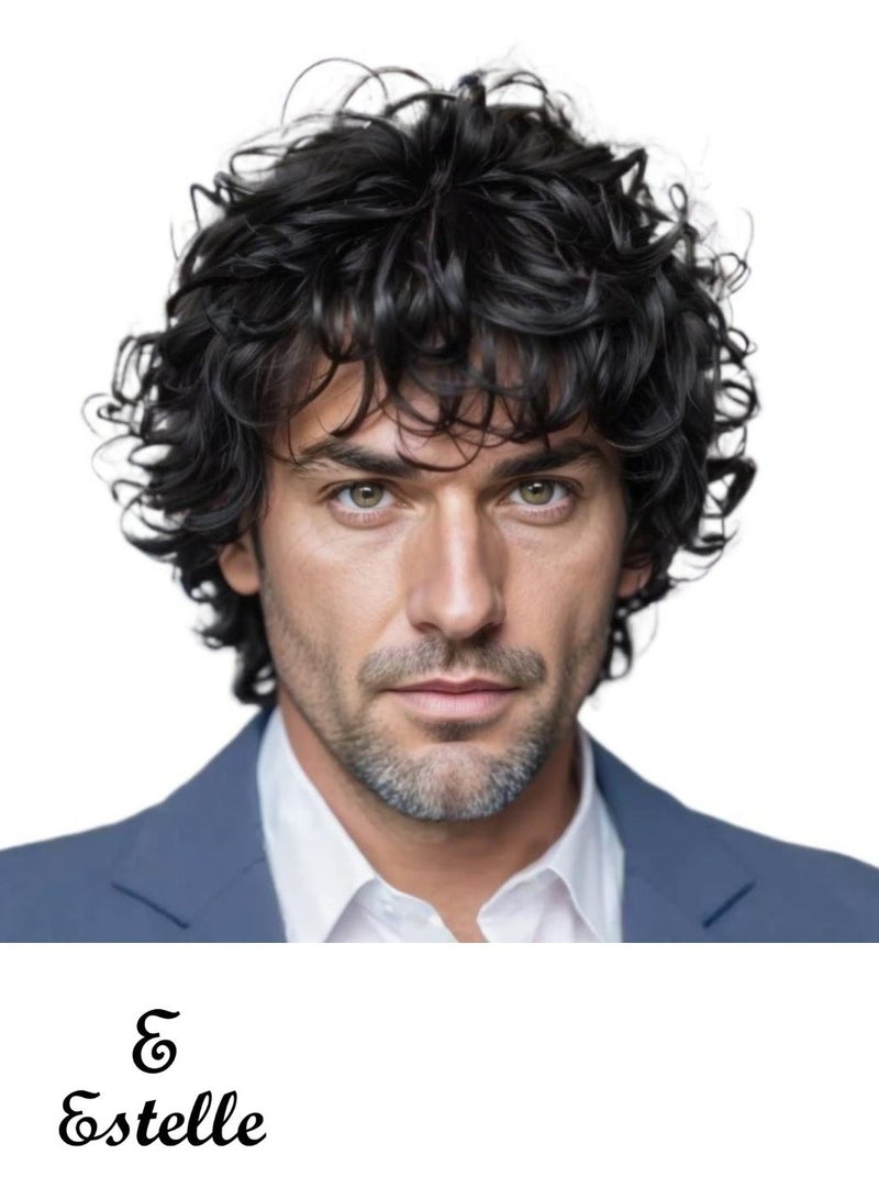 Estelle Men's Voluminous Black Wig with Flipped Bangs, Short Curly Hairpiece for Thinning Hair/Daily Styling/Natural Look - Image 1