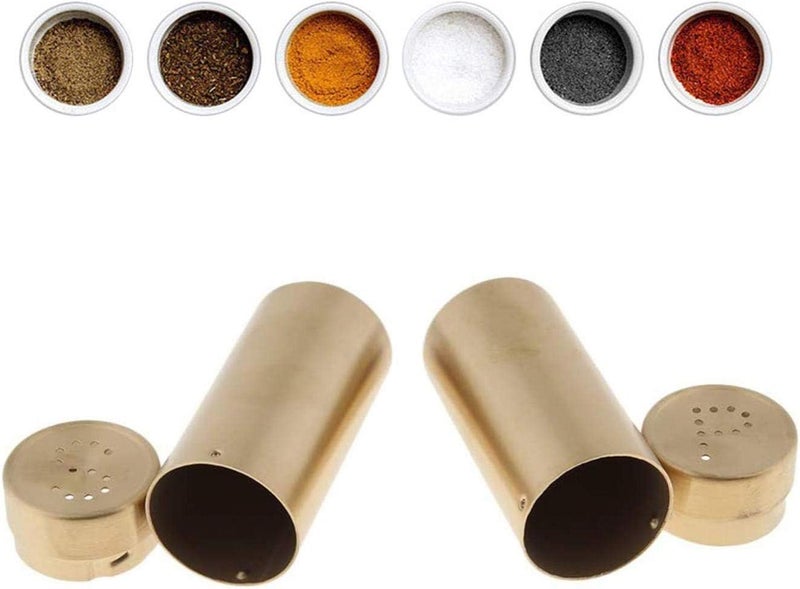 klarako 2Pcs Stainless Steel Bottom Casing Salt and Pepper Shakers Set with Tray and Letter, Gold, 8.8X3.8cm - Image 4