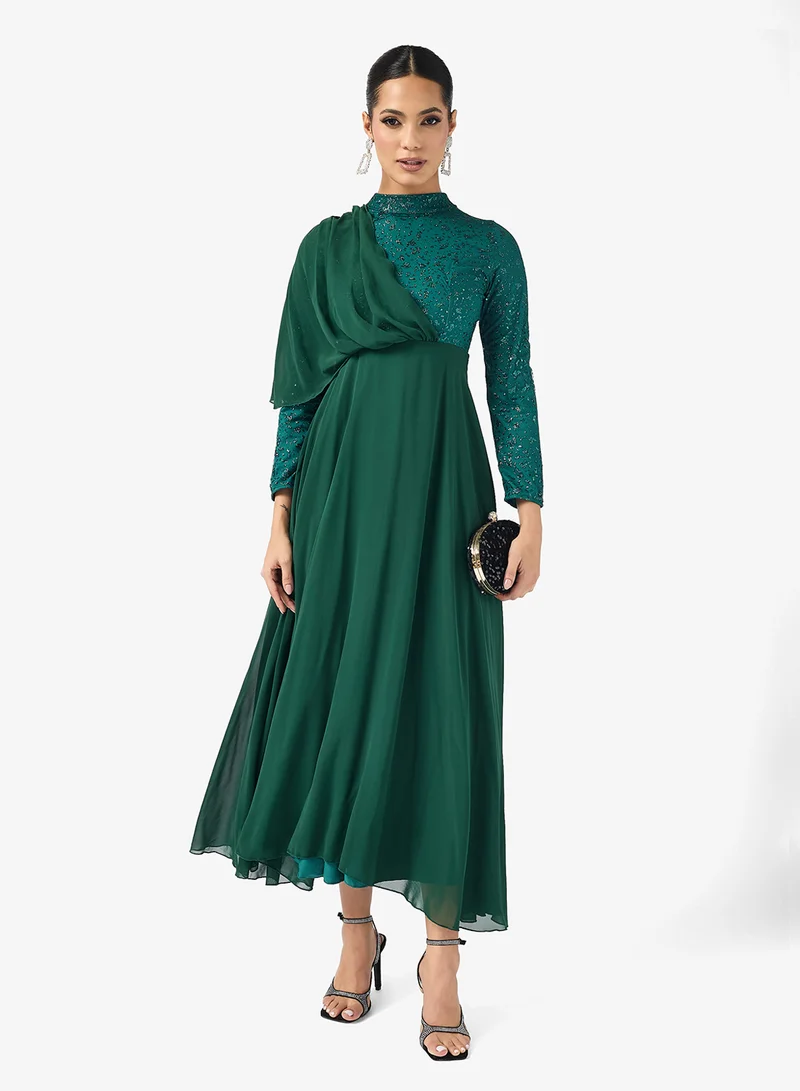 Khizana A-line Drapped Dress With Shimmer Bodice