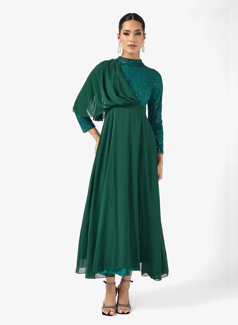 Khizana A-line Drapped Dress With Shimmer Bodice