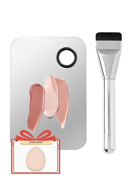 Flat Foundation Brush with Makeup Mixing Palette, Makeup Brush Makeup Palette Tray for Women Girl Korean Makeup Cosmetic Tool with a Free Mini Puff