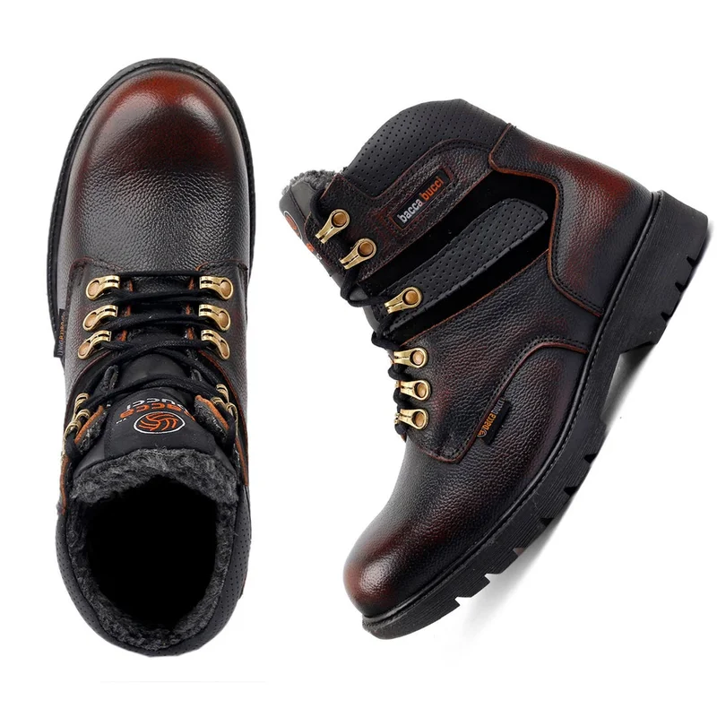Bacca Bucci Brown 6 Inches Steel Toe Cap Genuine Leather Boots with Fur for Men | Best Price UAE