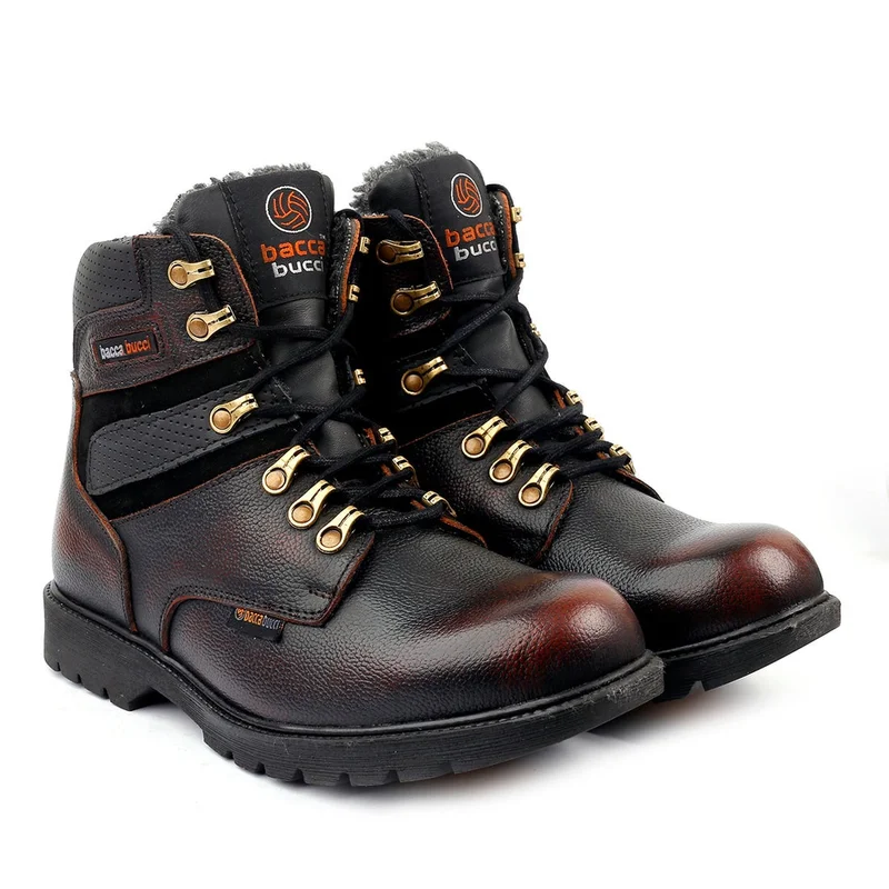 Bacca Bucci Brown 6 Inches Steel Toe Cap Genuine Leather Boots with Fur for Men | Best Price UAE