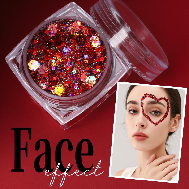 Teenitor Face Glitter, Red Body Glitter Gel, Hair Glitter, 6 Shapes Festival Rave Body Makeup Glitters Gel, Chunky Sparkling Glitter for Face, Body and Hair - Image 2