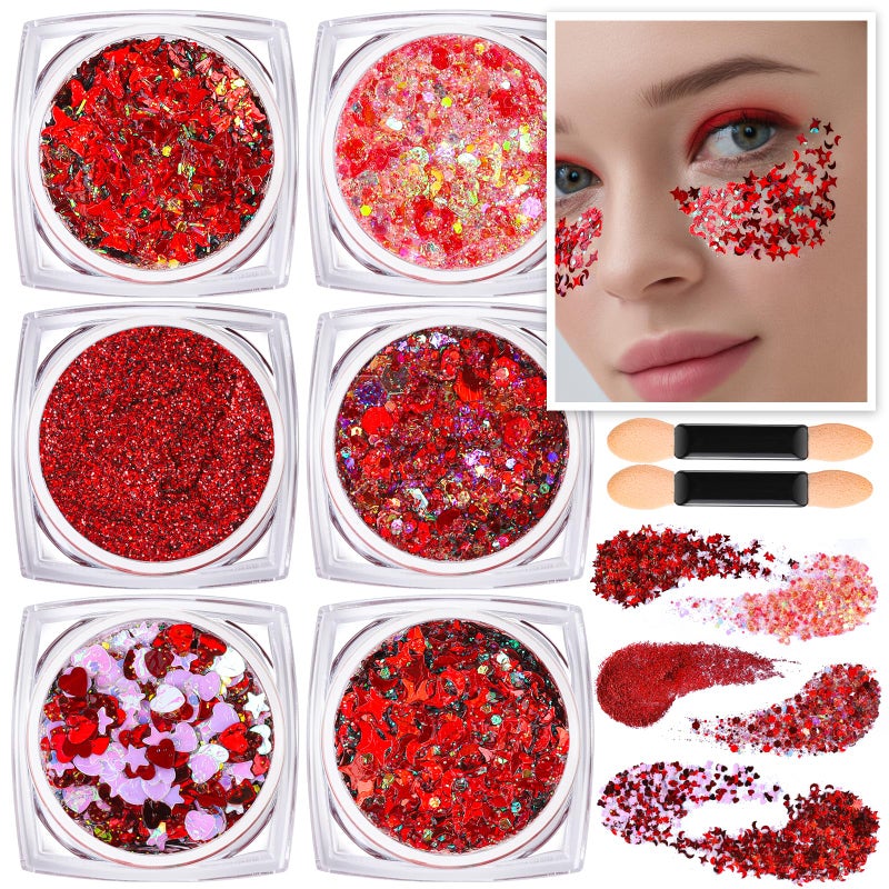 Teenitor Face Glitter, Red Body Glitter Gel, Hair Glitter, 6 Shapes Festival Rave Body Makeup Glitters Gel, Chunky Sparkling Glitter for Face, Body and Hair - Image 1