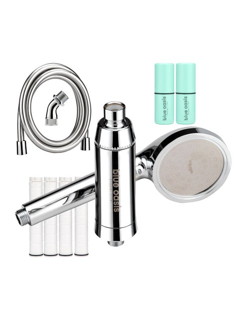 Blue Oasis Ultra Shower Filter Big Bundle | Shower Filters with Cylindrical Silver Single & Dual Filter Cartridge 2 M Shower Hose & Adapter | Advanced Filtration for Pure Soft Water | TUV Certified