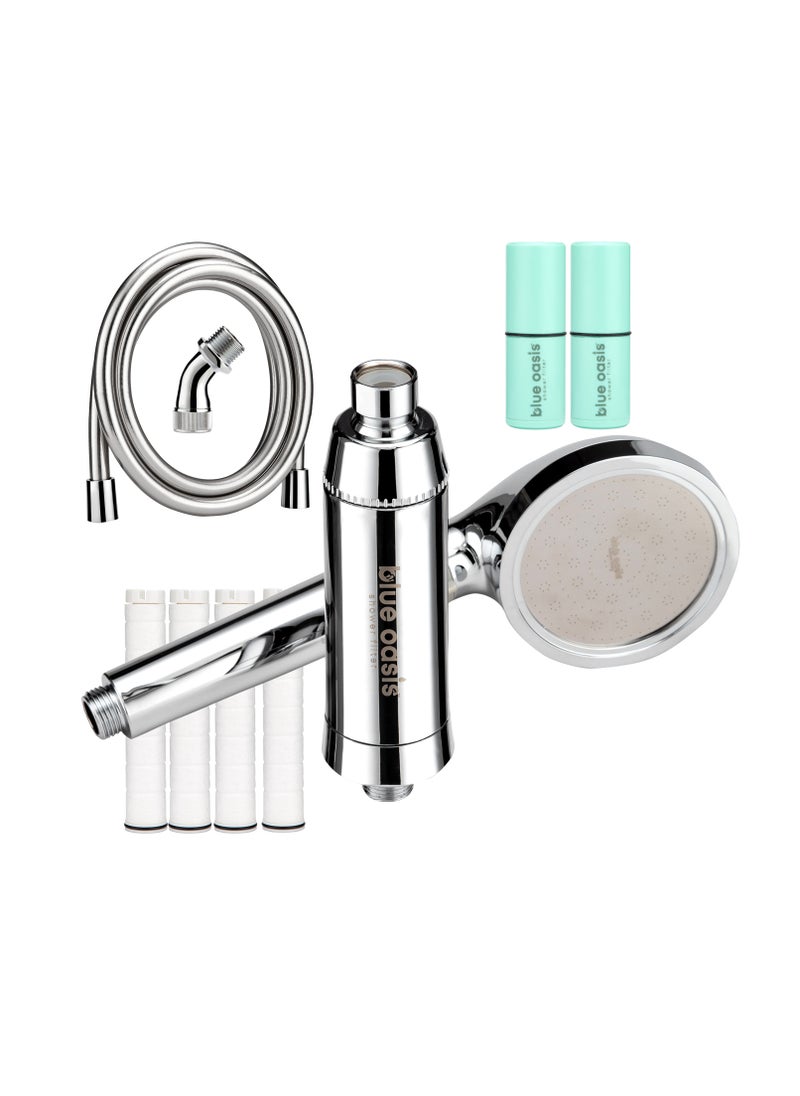 Blue Oasis - Blue Oasis Ultra Shower Filter Big Bundle | Shower Filters with Cylindrical Silver Single & Dual Filter Cartridge 2 M Shower Hose & Adapter | Advanced Filtration for Pure Soft Water | TUV Certified - Image 1