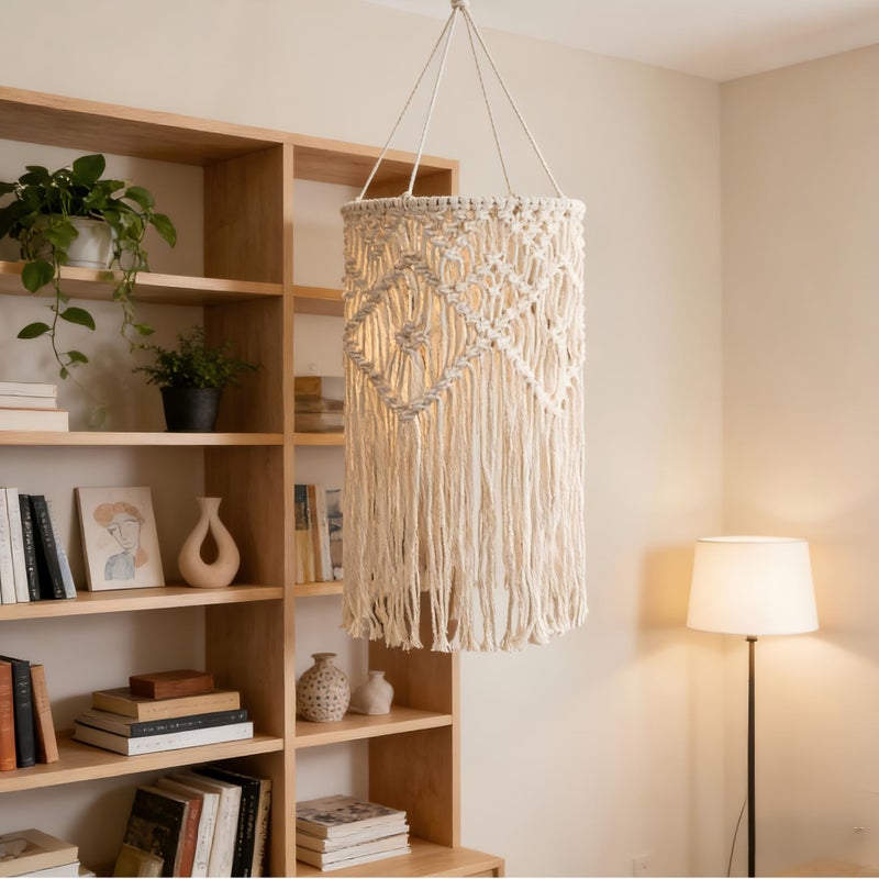 Bohemian Style Macrame Lampshade Hanging Light With Handmade Lace Tassels - Image 1