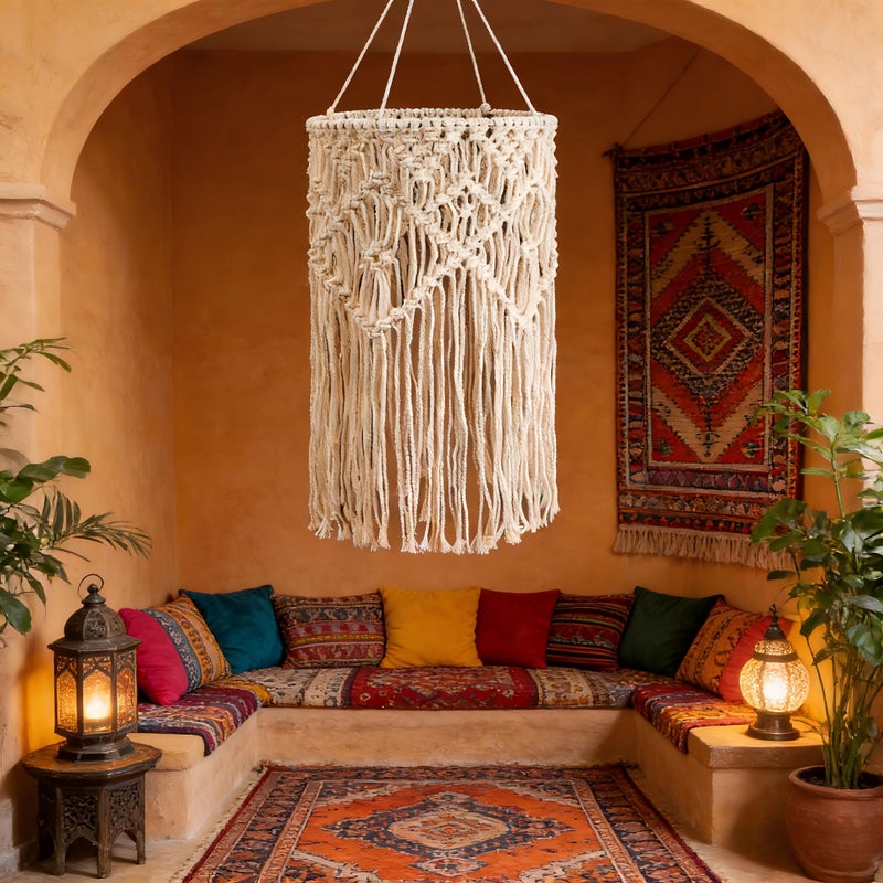 Bohemian Style Macrame Lampshade Hanging Light With Handmade Lace Tassels - Image 2