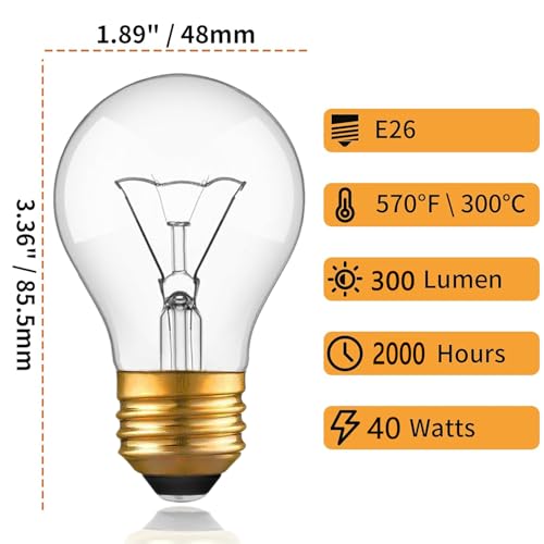 WokHok Appliance Oven Light Bulb, High Temp 300 °C Resistant,（2 Pack） A15/E26/120V/40 Watt Appliance Replacement Bulb for Refrigerator Over Stove Microwave Range Hood,Warm White - Image 2