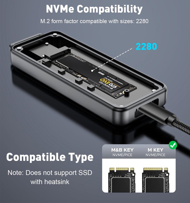 UANTIN M.2 NVMe SSD Enclosure 80Gbps - Zinc Alloy Case with Cooling Fan & Silicone Sleeve, Compatible with Thunderbolt 5/4/USB4, Support 2280 M Key/M+B Key SSDs, Includes 80Gbps USB-C Cable - Image 3
