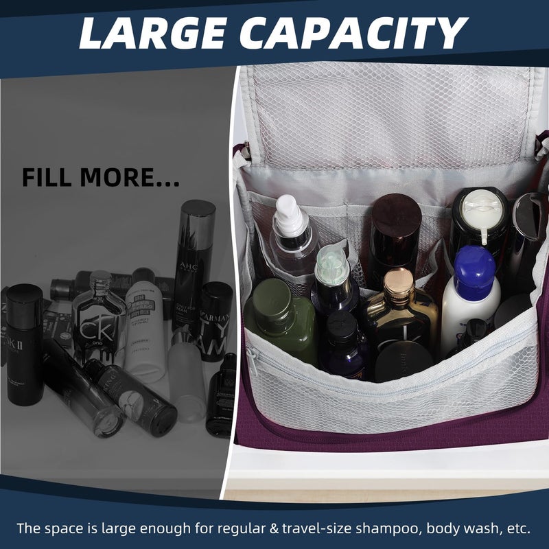Buruis Large Capacity Toiletry Bag For Women And Men  Hanging Toiletry Organizer Cosmetics Makeup Bag  Water-Resistant Dopp Kit Shaving Bag For Full Sized Toiletries  Travel Essentials (Purple) - Image 3