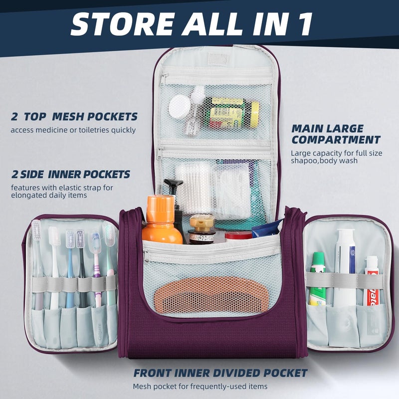 Buruis Large Capacity Toiletry Bag For Women And Men  Hanging Toiletry Organizer Cosmetics Makeup Bag  Water-Resistant Dopp Kit Shaving Bag For Full Sized Toiletries  Travel Essentials (Purple) - Image 2