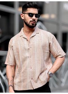 Maniac Mens Vertical Stripes Collared Neck 3/4th Sleeve Beige Tweed Fabric Oversized Shirt  - Image 3