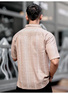Maniac Mens Vertical Stripes Collared Neck 3/4th Sleeve Beige Tweed Fabric Oversized Shirt  - Image 5