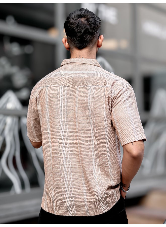 Maniac Mens Vertical Stripes Collared Neck 3/4th Sleeve Beige Tweed Fabric Oversized Shirt  - Image 5