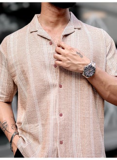 Maniac Mens Vertical Stripes Collared Neck 3/4th Sleeve Beige Tweed Fabric Oversized Shirt  - Image 4