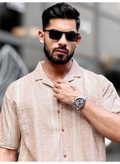 Maniac Mens Vertical Stripes Collared Neck 3/4th Sleeve Beige Tweed Fabric Oversized Shirt  - Image 1