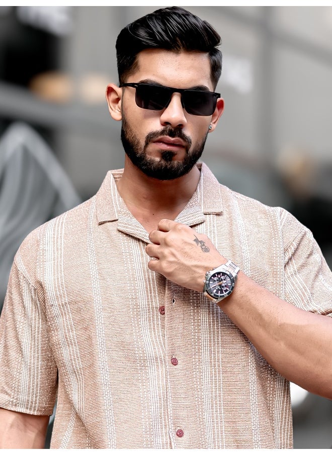 Maniac Mens Vertical Stripes Collared Neck 3/4th Sleeve Beige Tweed Fabric Oversized Shirt  - Image 1