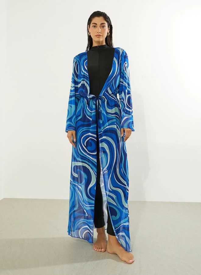 Styli  Pack of 3 - Full Sleeve Burkini with Attached Skirt and Woven Marble Print Front Open Maxi Coverup for Women | Best Price UAE
