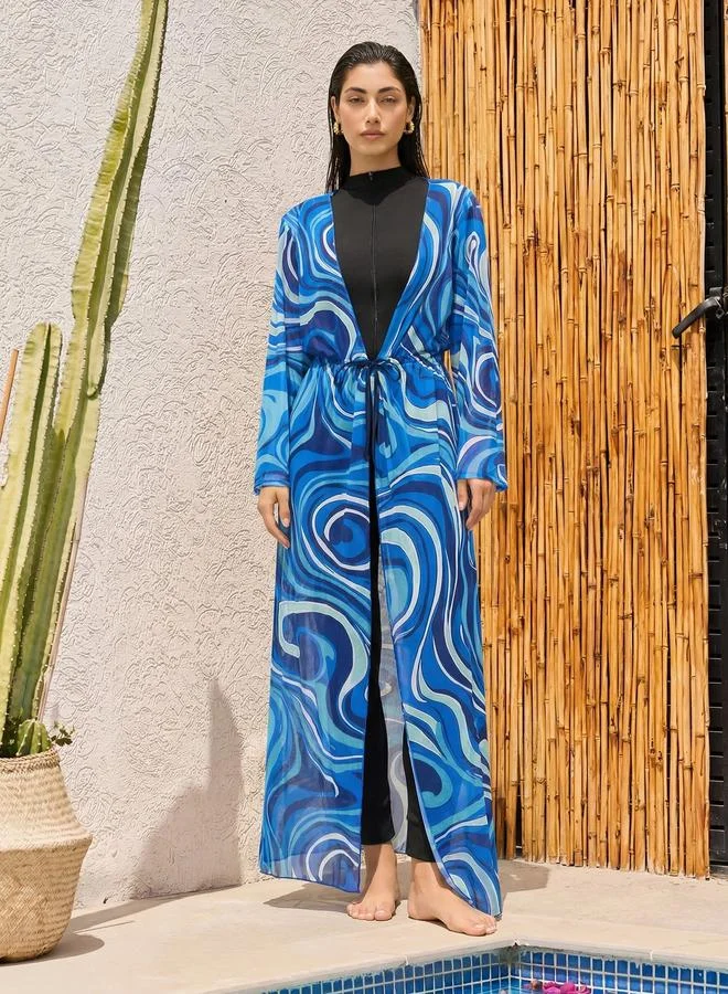 Pack of 3 - Full Sleeve Burkini with Attached Skirt and Woven Marble Print Front Open Maxi Coverup
