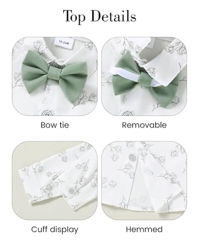 ZOEREA Toddler Baby Boy Suit Clothes Gentleman Wedding Outfits Long Sleeves Dress Shirt + Suspender Pants + Bowtie Green 18-24 Months - Image 4