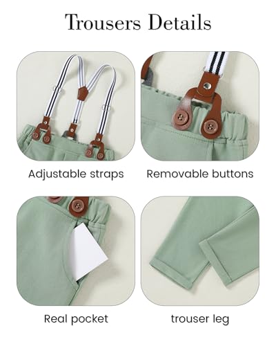 ZOEREA Toddler Baby Boy Suit Clothes Gentleman Wedding Outfits Long Sleeves Dress Shirt + Suspender Pants + Bowtie Green 18-24 Months - Image 5