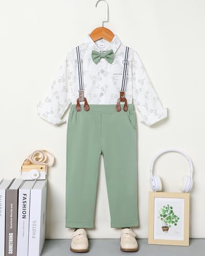 ZOEREA Toddler Baby Boy Suit Clothes Gentleman Wedding Outfits Long Sleeves Dress Shirt + Suspender Pants + Bowtie Green 18-24 Months - Image 3