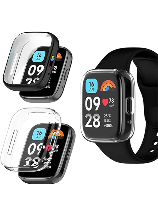 erorex Screen Protector Compatible For Xiaomi Redmi Watch 3 Watch 3 Active Full Coverage Plated Watch Protective Cover Case With Tempered Glass Bumper Shell Cover 2 Pcs Black+Transparent  - Image 1