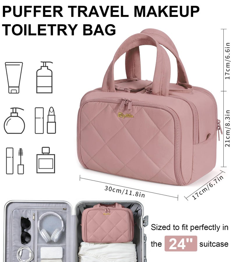 Bagstellar Travel Toiletry Bag, Large Wide-open Puffy Toiletry Bag for Women, Lightweight Quilted Makeup Bag Cosmetic Organizer with Handle Water-resistant Travel Essentials for Toiletries Accessories Dark Pink - Image 2