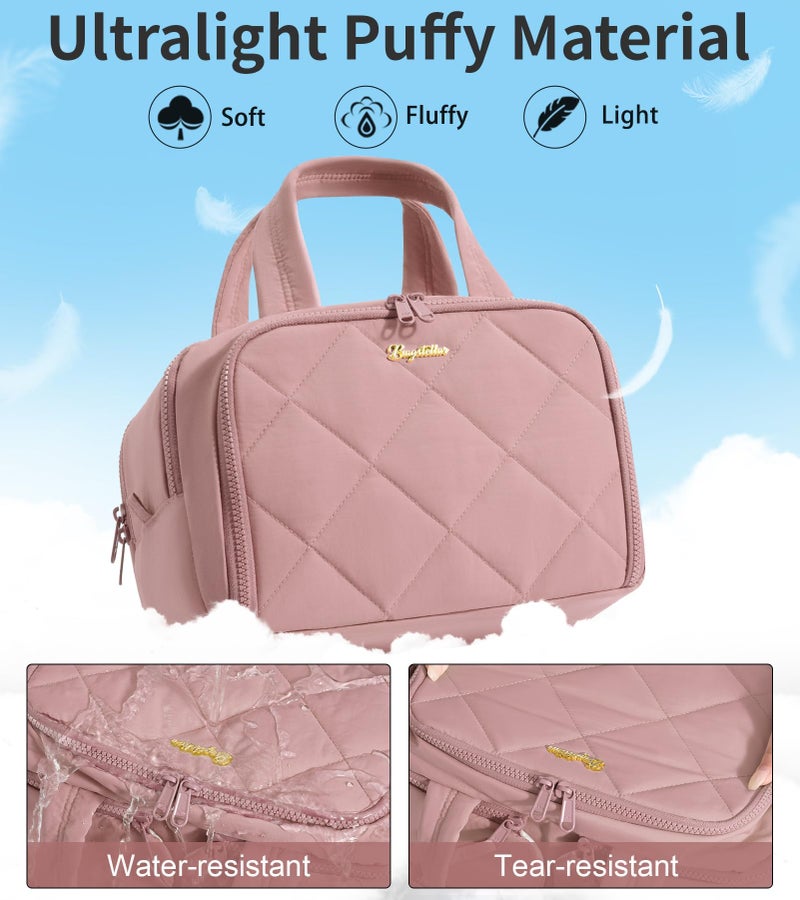 Bagstellar Travel Toiletry Bag, Large Wide-open Puffy Toiletry Bag for Women, Lightweight Quilted Makeup Bag Cosmetic Organizer with Handle Water-resistant Travel Essentials for Toiletries Accessories Dark Pink - Image 4