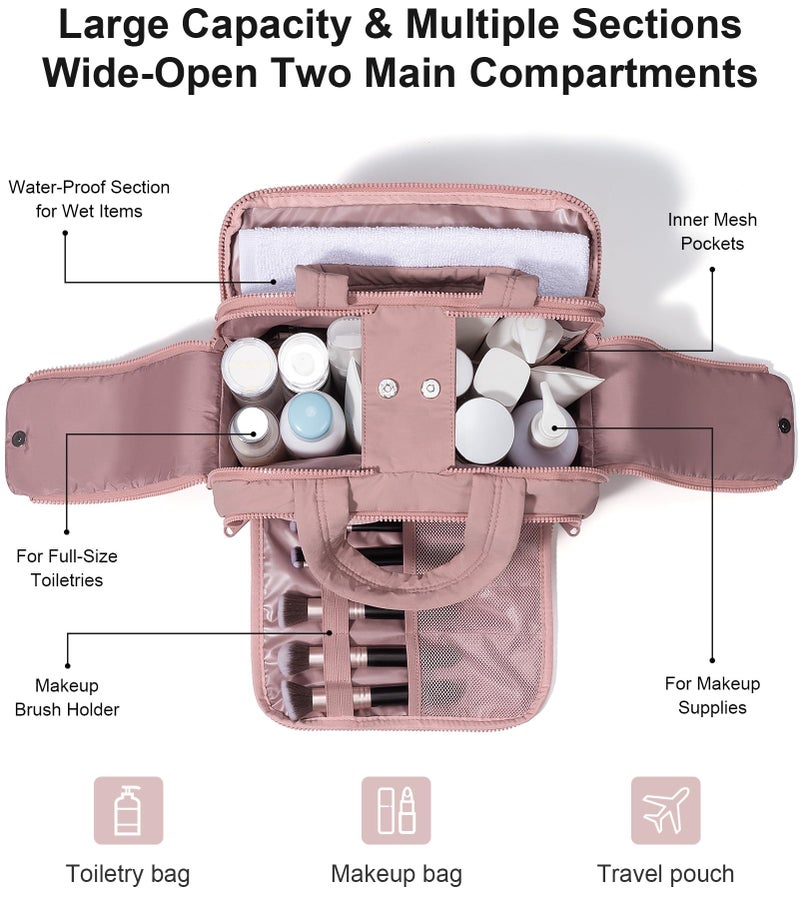 Bagstellar Travel Toiletry Bag, Large Wide-open Puffy Toiletry Bag for Women, Lightweight Quilted Makeup Bag Cosmetic Organizer with Handle Water-resistant Travel Essentials for Toiletries Accessories Dark Pink - Image 3