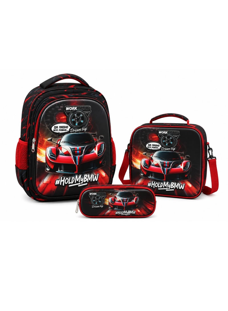 RENOVO 3-Piece Kids School Trolley Backpack Set with Lunch Bag & Pencil Case, Racing Car Design, Rolling School Bag for Boys, Ages 5–10, Black/Red - Image 1