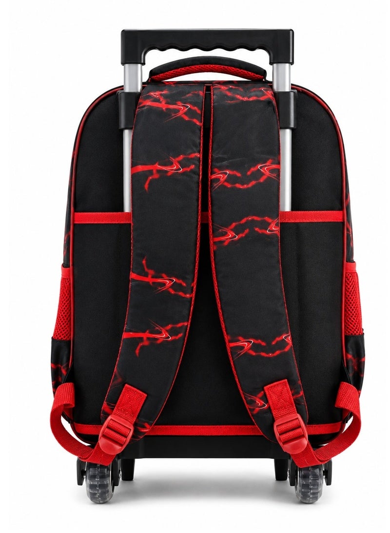 RENOVO 3-Piece Kids School Trolley Backpack Set with Lunch Bag & Pencil Case, Racing Car Design, Rolling School Bag for Boys, Ages 5–10, Black/Red - Image 4