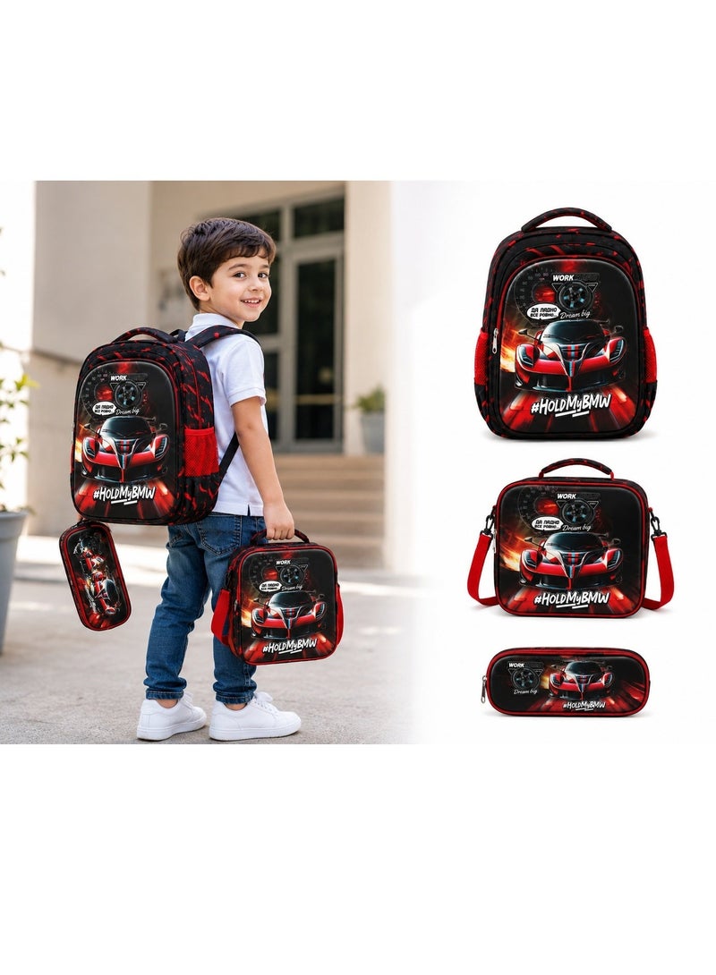 RENOVO 3-Piece Kids School Trolley Backpack Set with Lunch Bag & Pencil Case, Racing Car Design, Rolling School Bag for Boys, Ages 5–10, Black/Red - Image 2
