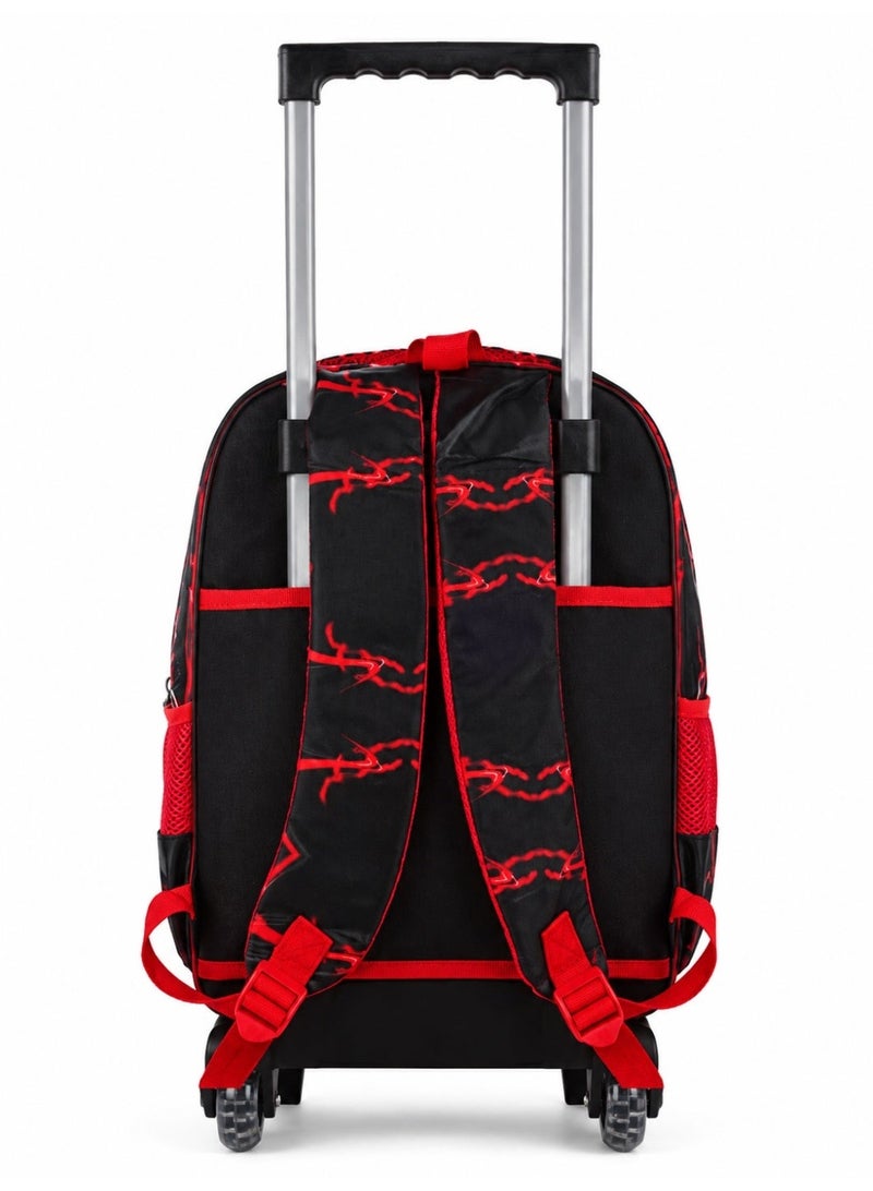 RENOVO 3-Piece Kids School Trolley Backpack Set with Lunch Bag & Pencil Case, Racing Car Design, Rolling School Bag for Boys, Ages 5–10, Black/Red - Image 3