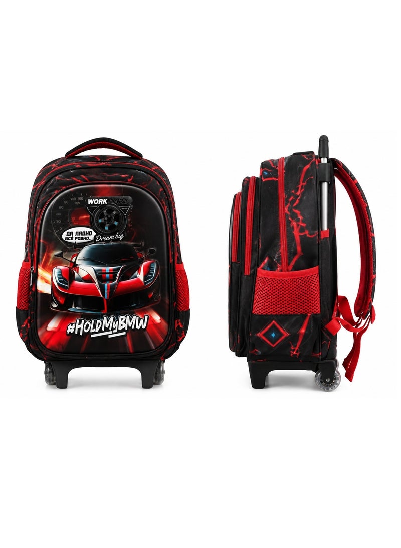 RENOVO 3-Piece Kids School Trolley Backpack Set with Lunch Bag & Pencil Case, Racing Car Design, Rolling School Bag for Boys, Ages 5–10, Black/Red - Image 5