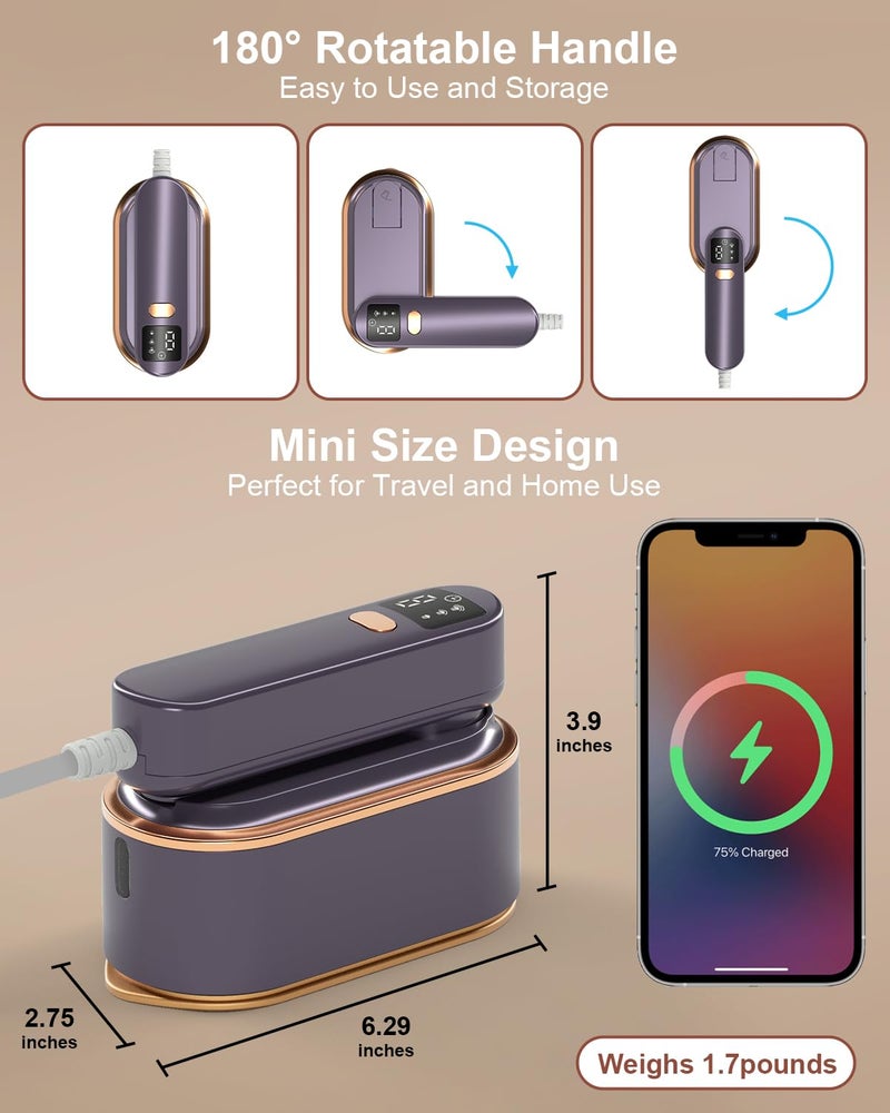 NAMMARO Travel Steamer Iron for Clothes - 1200W Handheld Size Portable Travel Steamer, 3 Steam Levels Clothes Steamer with LCD Screen, 10S Fast Heat-up Steamer for Dress Shirt Home Travel (Gray Purple) - Image 5